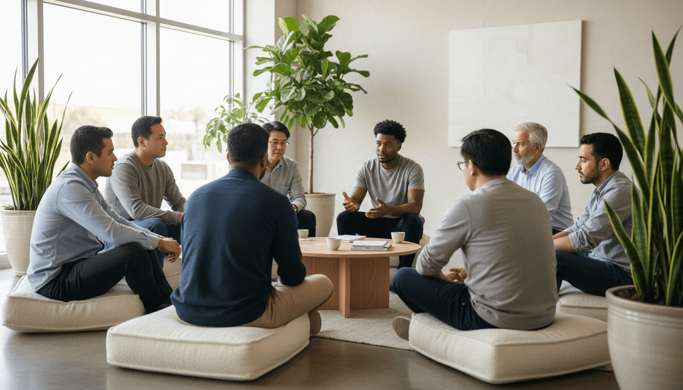 Diverse men engaged in supportive group discussion in bright, minimalist wellness space with natural lighting